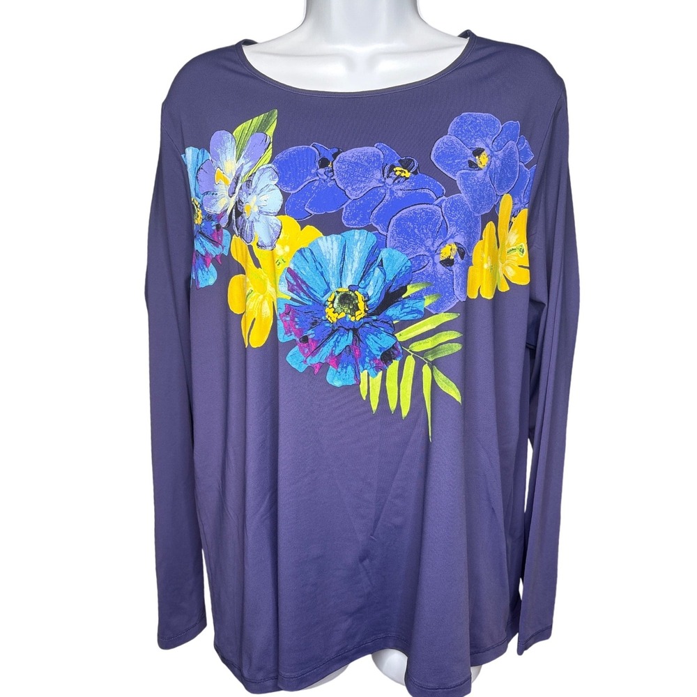 LANDS' END Blue Floral Graphic Long Sleeve Stretch Top 1X Tropical Casual Travel